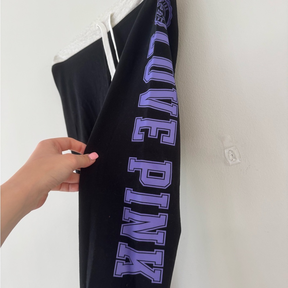 Victoria's Secret Black Jogger Bottoms with Gray Waistband and Purple Logo - Picture 2 of 4